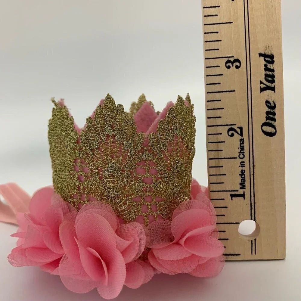 Baby First Birthday Hat Crown Gold Pink Roses w Elastic Small Photo Shoot Party
